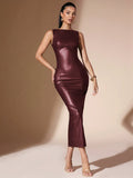 SHEIN BAE Women Sleeveless PU Leather Fitted Long Dress