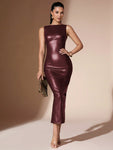 SHEIN BAE Women Sleeveless PU Leather Fitted Long Dress