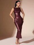 SHEIN BAE Women Sleeveless PU Leather Fitted Long Dress