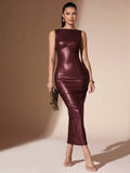 SHEIN BAE Women Sleeveless PU Leather Fitted Long Dress