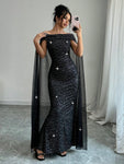 SHEIN Raffinéa Elegant Off-Shoulder Sparkly Cape Evening Dress