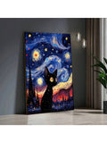 1 Piece Starry Night Black Cat Canvas Art, Whimsical Wall Decor For Home