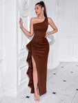 ADYCE One Shoulder Formal Asymmetric Front Slit Ruched High Waisted Ruffle Trim Party Maxi Dress For Cocktail, Ball And Fancy, Elegant Prom Evening Gown, For Wedding Guest, Graduation, Dinner, Christmas