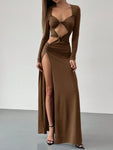 Aloruh Coffee Color V-Neck Long Sleeve Knitted Dress