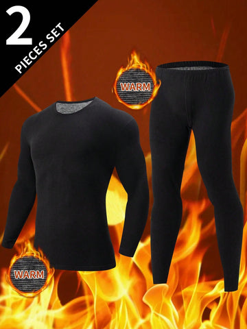 2pcs/Set Men's Fashion Autumn Thermal Underwear Set, Includes Pullover And Long Pants