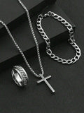 3pcs Men's  Jewelry Three-Piece Set, Cross Necklace, Bracelet, Cross Ring, Suitable For Daily Decorative Wear