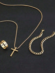 3pcs Men's  Jewelry Three-Piece Set, Cross Necklace, Bracelet, Cross Ring, Suitable For Daily Decorative Wear