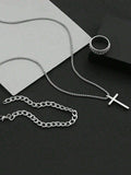 3pcs Men's  Jewelry Three-Piece Set, Cross Necklace, Bracelet, Cross Ring, Suitable For Daily Decorative Wear