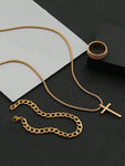 3pcs Men's  Jewelry Three-Piece Set, Cross Necklace, Bracelet, Cross Ring, Suitable For Daily Decorative Wear