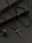 3pcs Men's  Jewelry Three-Piece Set, Cross Necklace, Bracelet, Cross Ring, Suitable For Daily Decorative Wear