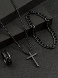 3pcs Men's  Jewelry Three-Piece Set, Cross Necklace, Bracelet, Cross Ring, Suitable For Daily Decorative Wear