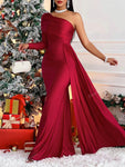 Solid Color Elegant Pleated Long Sleeve Dress With Asymmetric Neckline