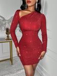 Women's Sexy Asymmetric Collar Long Sleeve Side Ruched Bodycon Dress With Glitter Details For Party