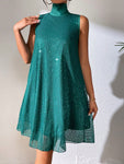 SHEIN Allurite 1pc Women's Solid Color Stand Collar Sequin Embellished Loose A-Line Dress