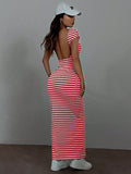 SHEIN EZwear Summer Casual Striped Knitted Bodycon Dress With Open Back