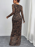 SHEIN Privé Women Elegant Leopard Print Fitted Mesh Sheer Long Sleeve Dress, Suitable For Spring And Autumn