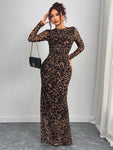 SHEIN Privé Women Elegant Leopard Print Fitted Mesh Sheer Long Sleeve Dress, Suitable For Spring And Autumn