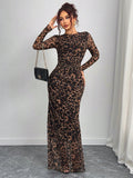 SHEIN Privé Women Elegant Leopard Print Fitted Mesh Sheer Long Sleeve Dress, Suitable For Spring And Autumn