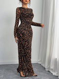 SHEIN Privé Women Elegant Leopard Print Fitted Mesh Sheer Long Sleeve Dress, Suitable For Spring And Autumn