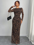 SHEIN Privé Women Elegant Leopard Print Fitted Mesh Sheer Long Sleeve Dress, Suitable For Spring And Autumn