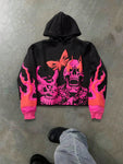 Manfinity EMRG Young Men's Street-Style Pink Terror-Spitting Skull Butterfly Pattern 3D Foaming Process INS Trendy Black Hooded Sweatshirt ,Red Patterned Sweatshirt ,Fall Men Clothes ,Graphic Sweatshirt ,Halloween