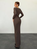 Aloruh Coffee Color V-Neck Long Sleeve Knitted Dress