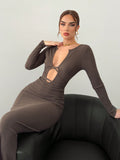 Aloruh Coffee Color V-Neck Long Sleeve Knitted Dress