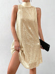 SHEIN Allurite 1pc Women's Solid Color Stand Collar Sequin Embellished Loose A-Line Dress