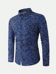 Manfinity Roghcode Men's Casual Paisley Flower Print Long Sleeve Shirt For Autumn,Western Cowboy Style Blue Shirt - MapleCo