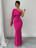 SHEIN Elenzya 1pc Women Elegant Solid Color One-Shoulder Bat-Wing Fishtail Hem Fitted Dress