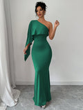 SHEIN Elenzya 1pc Women Elegant Solid Color One-Shoulder Bat-Wing Fishtail Hem Fitted Dress