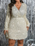 SHEIN Frenchy Plus Size Women V-Neck Short Fringe Fuzzy Decor Bodycon Dress