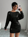 SHEIN Elenzya Elegant Sequin Batwing Sleeve Asymmetrical Neck Party Dress, Suitable For Christmas, New Year Celebration