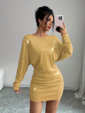 SHEIN Elenzya Elegant Sequin Batwing Sleeve Asymmetrical Neck Party Dress, Suitable For Christmas, New Year Celebration