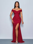 SOLERSUN Twisted Off Shoulder Backless Strap High Slit Mermaid Dress