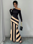 SHEIN Elenzya Sexy Women Black And White Asymmetrical Neck Ruched Striped Mermaid Hem Dress