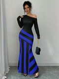 SHEIN Elenzya Sexy Women Black And White Asymmetrical Neck Ruched Striped Mermaid Hem Dress