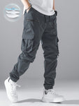 Manfinity Loose Fit Men's Cargo Trousers With Flap Pocket Design Side Drawstring Waist Long Plain Black Going Out