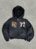 Men's Vintage Zipper Closure Hoodie With Number 77 Graphic Print, Spring Autumn - MapleCo