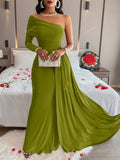 Solid Color Elegant Pleated Long Sleeve Dress With Asymmetric Neckline