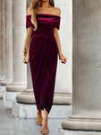 SHEIN Privé Off Shoulder Wrap Hem Velvet Dress Maxi Women Outfit