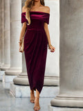 SHEIN Privé Off Shoulder Wrap Hem Velvet Dress Maxi Women Outfit