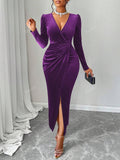 Women's Deep V-Neck Puff Sleeve Wrap Hem Velvet Dress, Wedding Event Dress