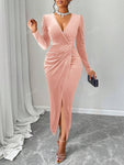 Women's Deep V-Neck Puff Sleeve Wrap Hem Velvet Dress, Wedding Event Dress