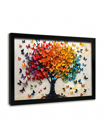 1pc Black Framed Wall Art, Colorful Butterfly Tree Wood Frame Canvas Prints Poster, Home Decor,Birthday Party Decor, Mother's Day New Year Easter Gift, Home Living Room Office Wooden Framed Wall Decor, Perfect Gift And Home Decoration