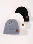 1/3 Packs Unisex Leather Patch Winter Skull Cap Beanies Knitted Cuff Hats Caps Roll-Up Edge Beanie Hats For Men Outdoors