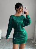 SHEIN Elenzya Elegant Sequin Batwing Sleeve Asymmetrical Neck Party Dress, Suitable For Christmas, New Year Celebration