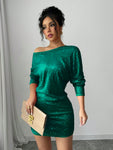 SHEIN Elenzya Elegant Sequin Batwing Sleeve Asymmetrical Neck Party Dress, Suitable For Christmas, New Year Celebration