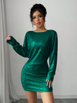 SHEIN Elenzya Elegant Sequin Batwing Sleeve Asymmetrical Neck Party Dress, Suitable For Christmas, New Year Celebration