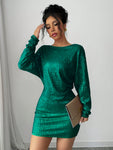 SHEIN Elenzya Elegant Sequin Batwing Sleeve Asymmetrical Neck Party Dress, Suitable For Christmas, New Year Celebration